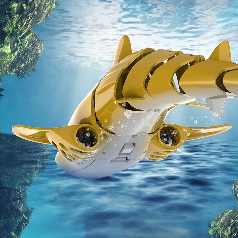 Barco tiburón dorado de 2,4G para niños, Robot de simulación, a prueba de agua, Control remoto electrónico, natación, tiburón, Juguetes