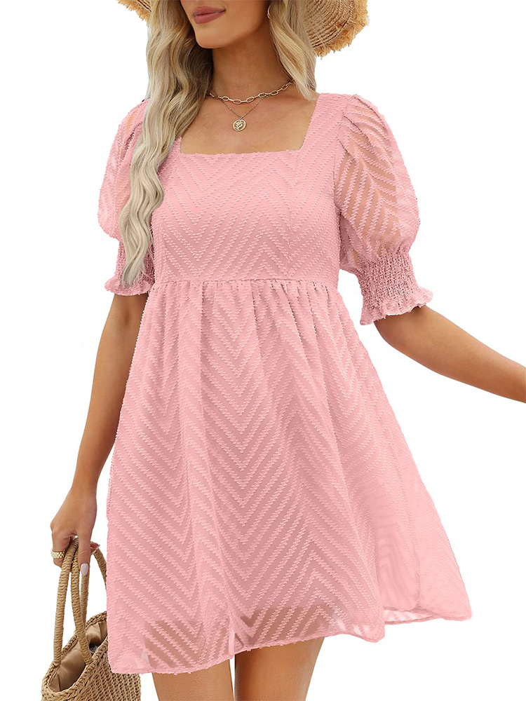 Damen-Sommerkleid 2023, lässig, fließend, Strand, quadratischer Ausschnitt, Laterne, kurze Ärmel, plissiert, A-Linien-Kleid, Krawatte, Minikleid