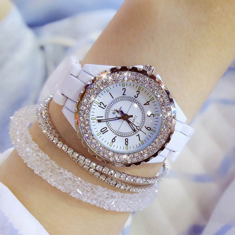 top luxe horloge voor vrouwen witte keramische band dames horloge quartz mode vrouwen horloges strass zwart BS