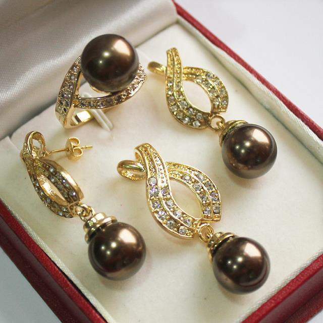 Prett Lovely Women's Wedding ! perfect match beautiful jewelry 12mm brown shell pearl pendant necklace earring ring set