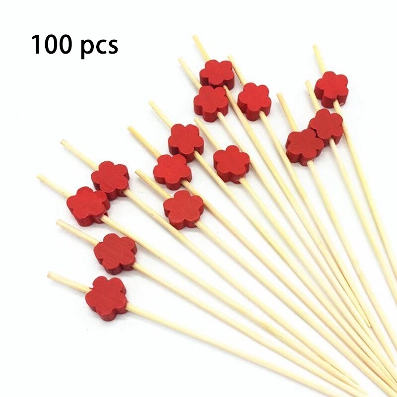 100 Stks/pak Cupcake Fruit Vork Draagbare Bamboe Party Dessert Stok Reizen Accessoires Liefde Patroon Voor Bruiloft Decor Wegwerp