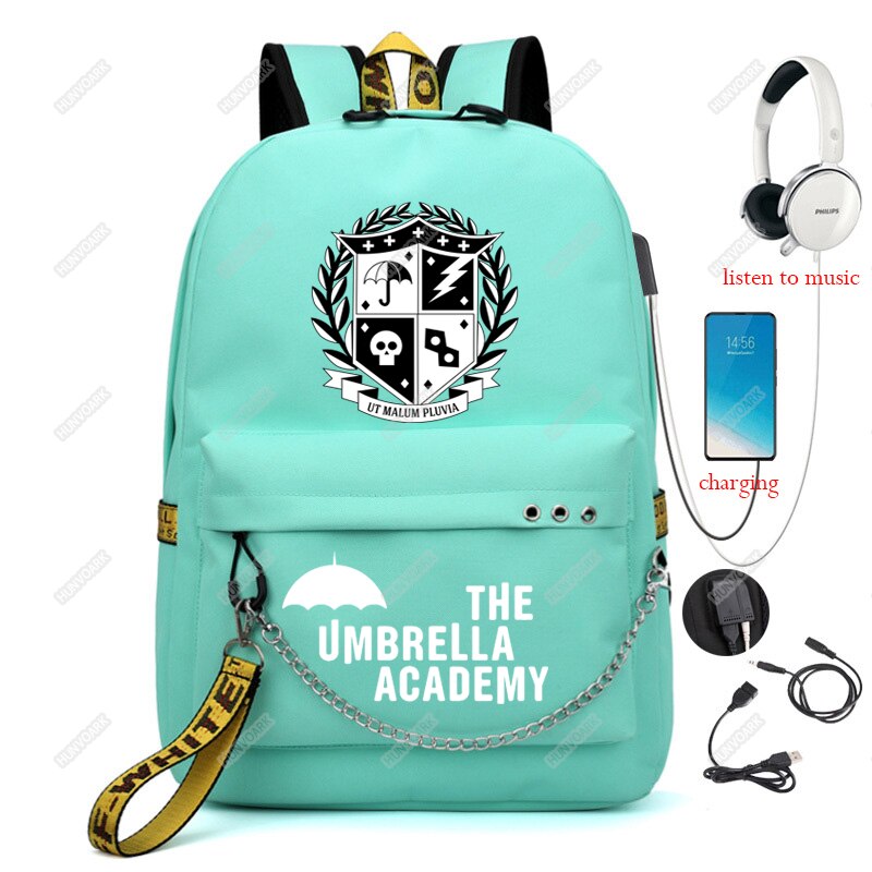 Mochila De La Academia paraguas Usb para hombre y mujer, Bolsa Escolar para ordenador portátil, mochila de viaje, Mochilas de ocio con cadena: Green-4