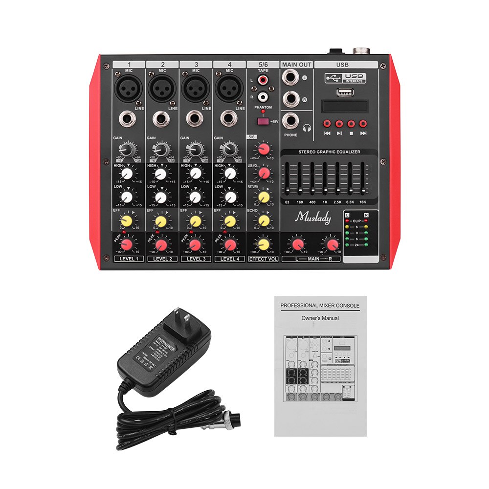 Muslady D6 6-Channel Mixing Console Mixer 7-band EQ Built-in48V Phantom Power Supports BT Connection USB MP3 Player for Karaoke: 6-Channel-US