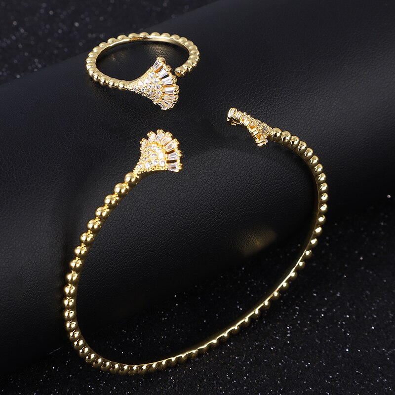 3 Sets/pakket Luxe Fan Vorm Saudi Arabië Bangle Ring Set Voor Vrouwen Micro Cubic Zirkoon Pave Party Bruiloft Dubai Sieraden