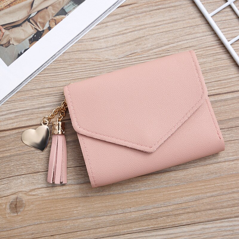 Women Wallet Cute Student Tassel Heart Pendant Short Wallet Small PU Wallet Coin Purse Ladies Card Bag For Women: pink