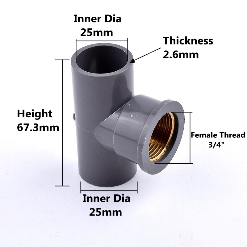 1-3Pcs 20 ~ 32Mm Tot 1/2 ~ 1 Inch Grey Pvc Pijp Connector Koperen Binnendraad tee Tuin Irrigatie Water Water Voeding Buis Gewrichten: 1Pc / 25mm to 3I4 Inch