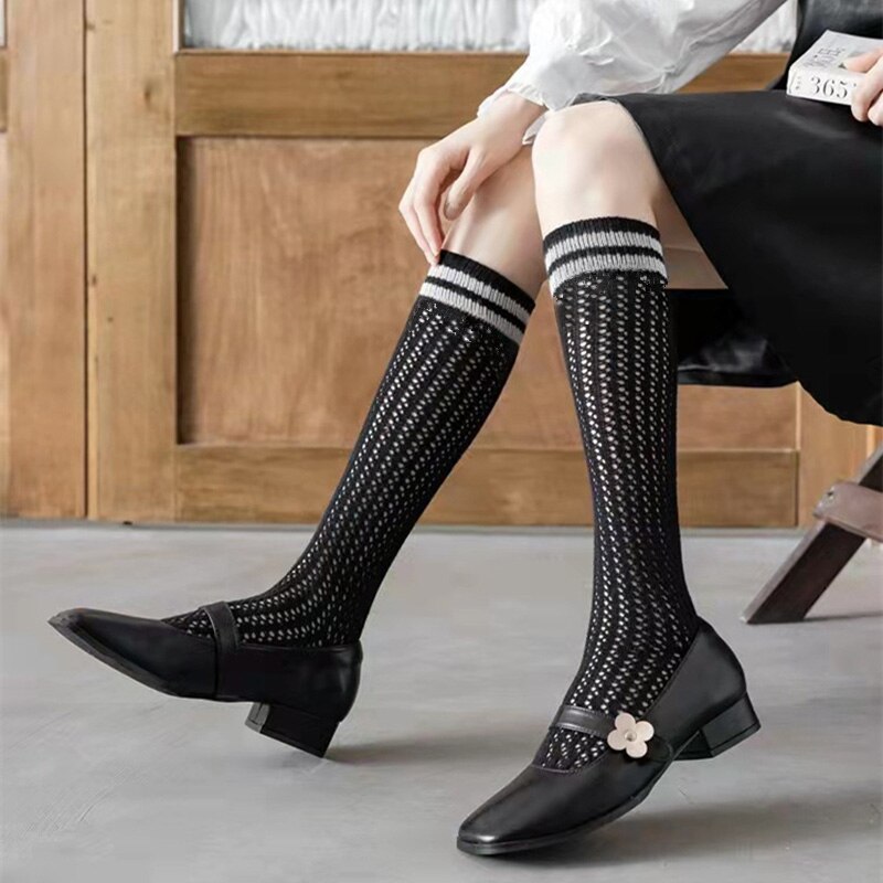 Calcetines largos a rayas para niños y niñas, calcetín hasta la rodilla de malla de algodón suave, medias transpirables finas para niños de 3 a 12 años, verano 2022