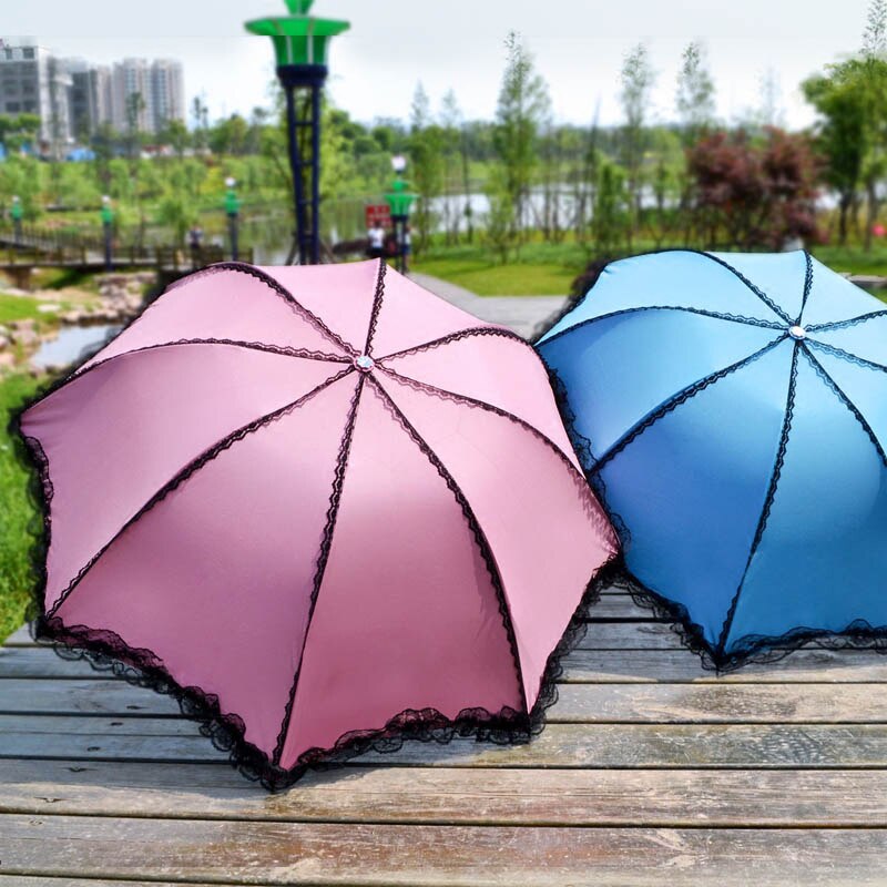 Black Lace Three Folding Ladies Female Parasol Women Rain Umbrella Gril Anti Sun UV Protection Sunny Rainy B65