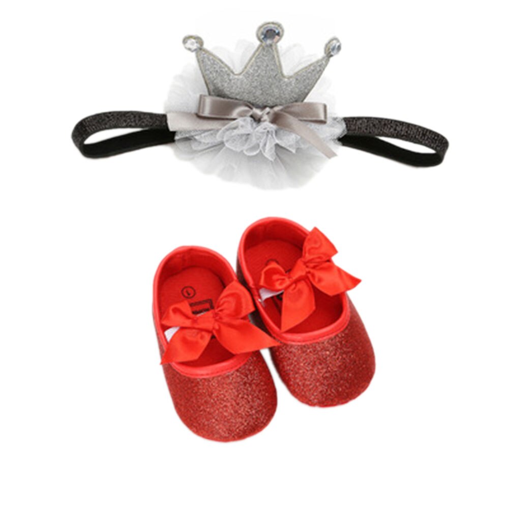 Baby flickor pu first walker skor mjuk sula halkfria skor paljett fast söta resårskor + kronhårband set 0-12m