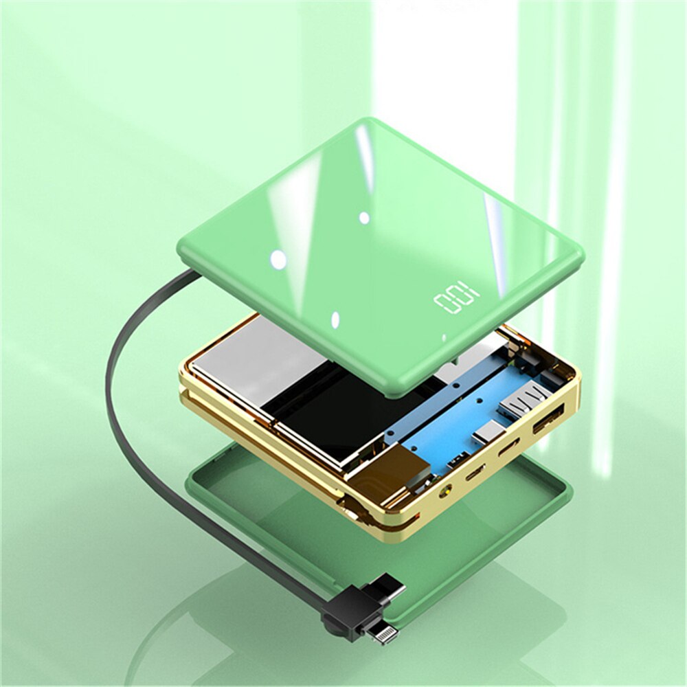 Mini powerbank 10000 mah externe batterij led-verlichting draagbare reis powerbank snel opladen back-up powerbank met kabels