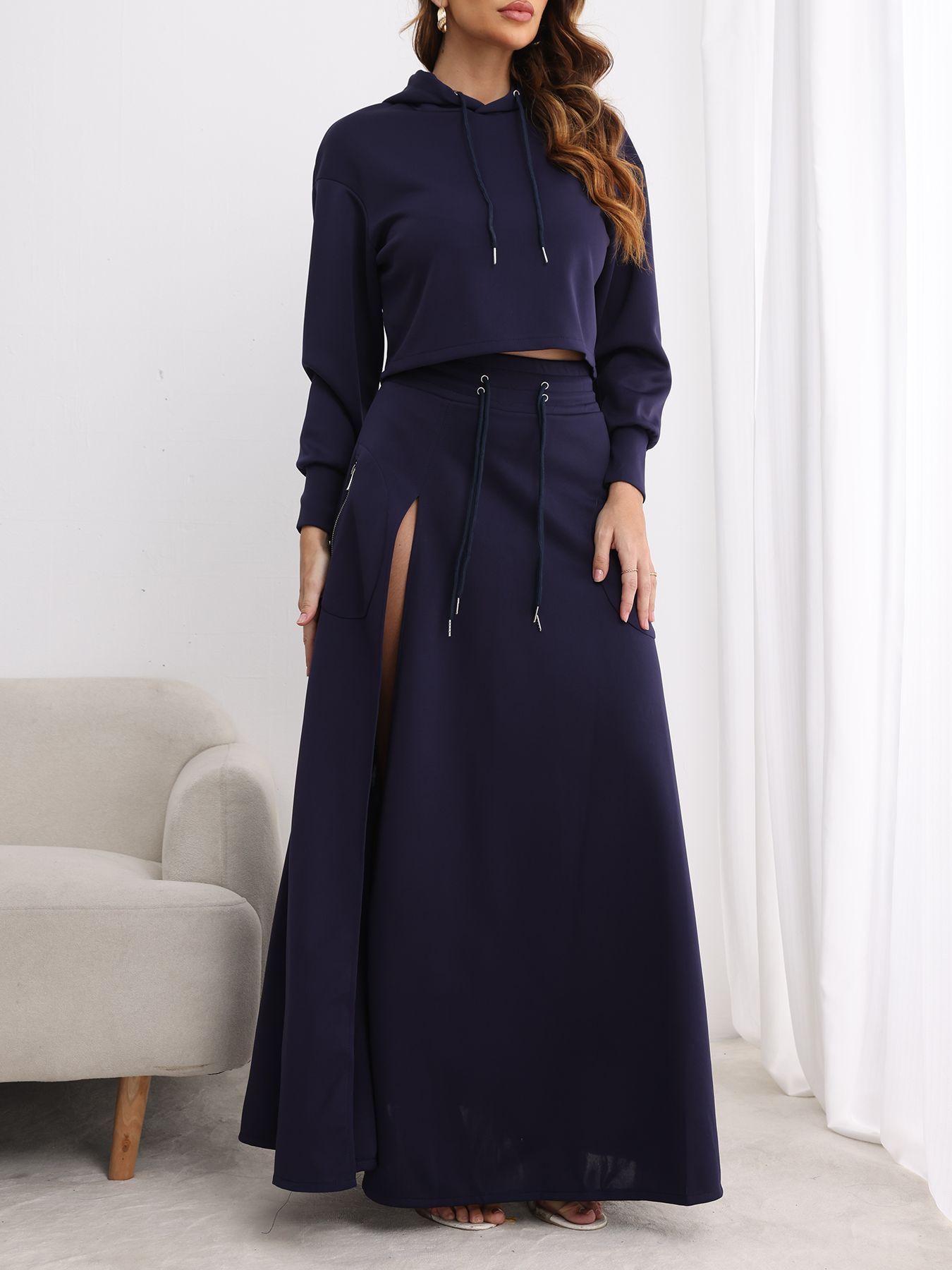 Skirt Set Two Piece Sets Women Dress Sets Full Sleeve Hoodies Sweatshirts Long Skirts A Line Work High Waist Streetwear: L / Navy Blue