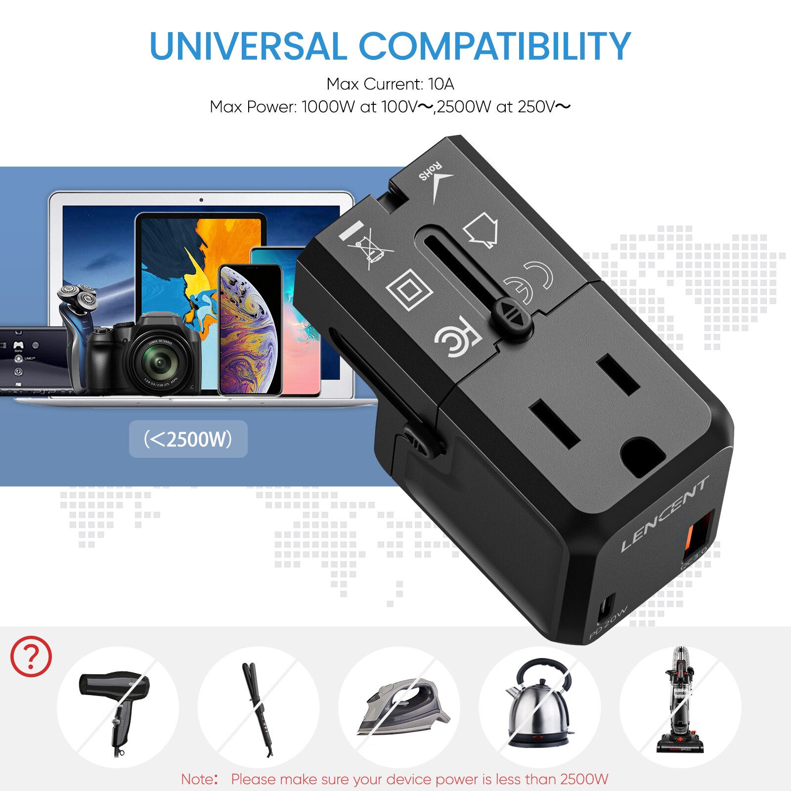 Lencent universal reiseadapter med 1 ac uttak 20w 1 usb  qc 3.0 port og 1 pd hurtiglader, strømadapter for usa, eu, storbritannia og australia