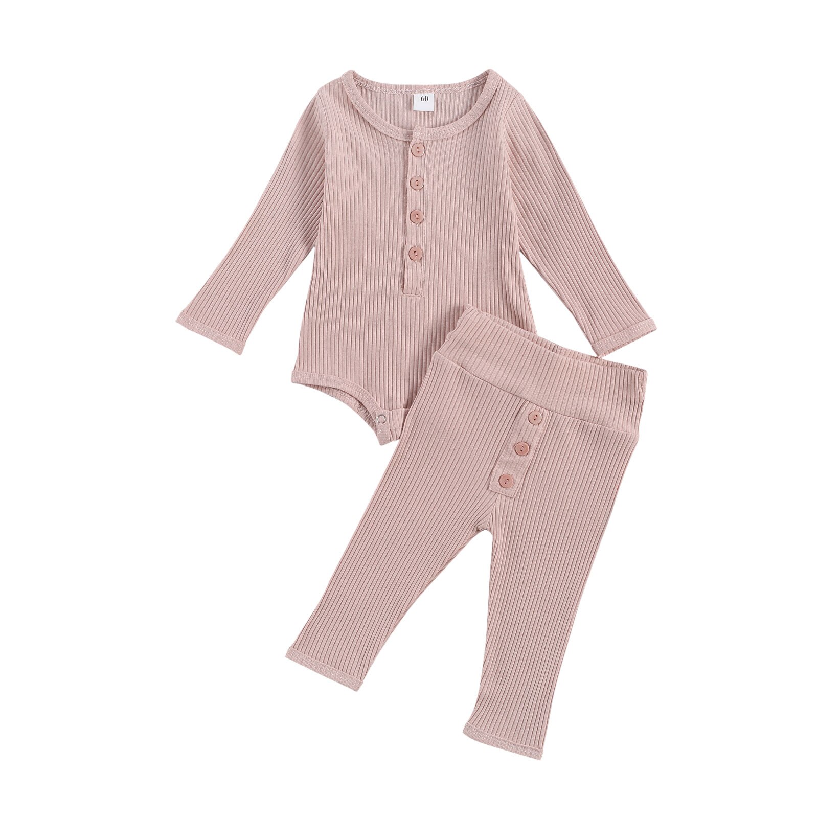 Focusnorm 0-18M Pasgeboren Baby Meisjes Jongens Nachtkleding Sets Solid Knit Knop Lange Mouw Romper Tops Broek 2 stuks 4 Kleuren: Roze / 18m