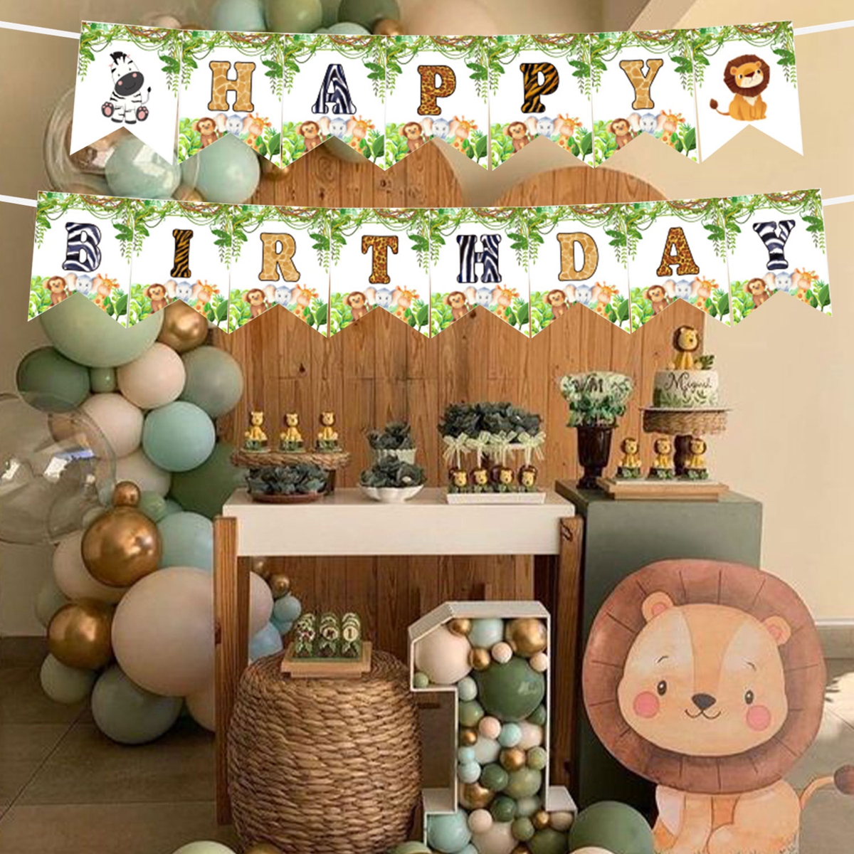 Pancarta de cumpleaños de animales del bosque, Safari de la selva, pancarta de primer cumpleaños para niños, jirafa Monekey, decoración de de feliz cumpleaños, banderas colgantes