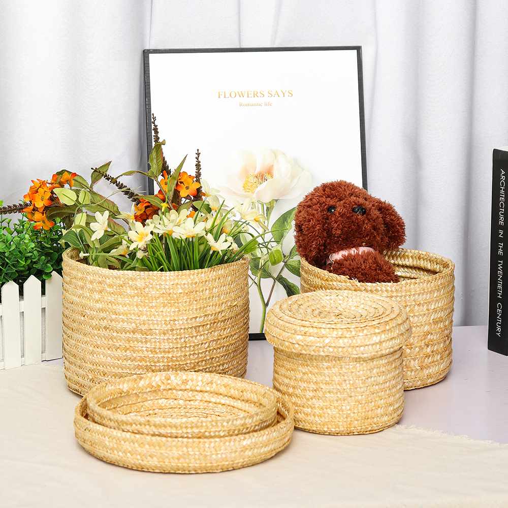 3 sztuk/zestaw ręcznie słomy pleciony koszyk z pokrywką przekąska organizator schowek kosze na pranie pojemnik ratanowy kosz na kwiaty