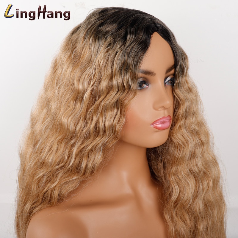 Peluca larga ondulada negra de LingHang, pelucas onduladas sintéticas para mujeres negras, pelucas de parte media Natural, pelo resistente al calor