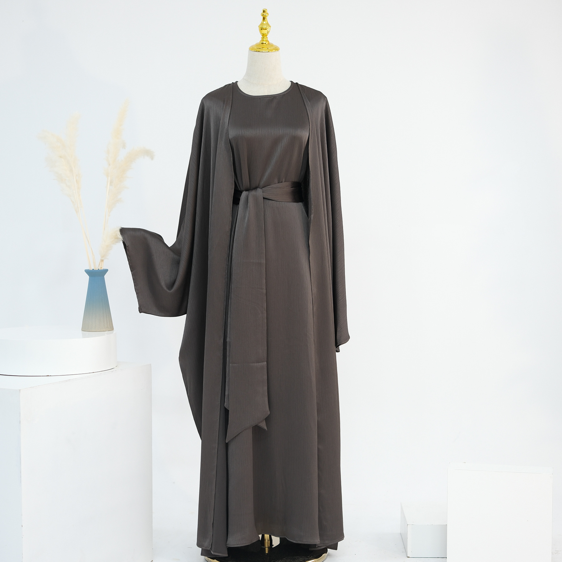 Ramadan dubai cetim liso 2 peças conjunto abaya roupas de oração feminino modesto conjuntos muçulmanos caftan marocain robe femme musulmane kaftan: XL / CINZA