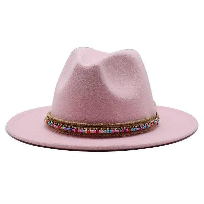 Simple Wool Vintage Fedora Hat Winter Autumn Lady Trilby Felt Hat Wide Brim Jazz Church Caps: Pink