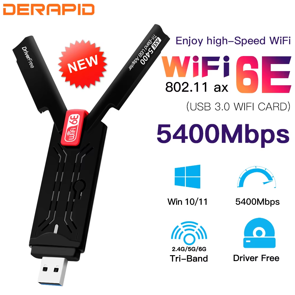 USB 3.0 WiFi 7/WiFi 6E BE6500 AX5400 Wireless Adapter 2.4G&5G&6G Tri Band Wi-Fi 802.11BE Network Card For Win10/11 Driver Free: black