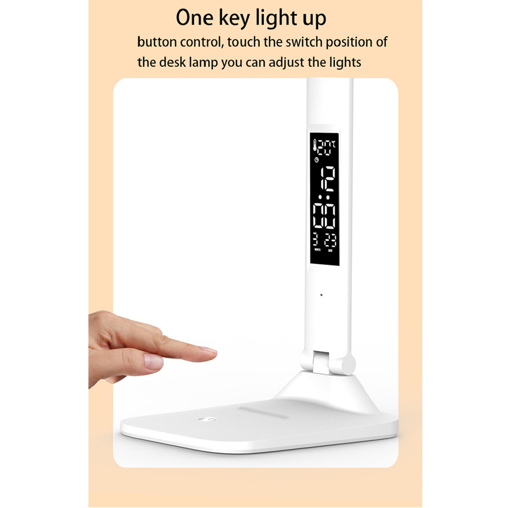 Lampada da tavolo pieghevole Lettura USB Touch Dimmerabile Protezione per gli occhi con sveglia Termometro Lampada da scrivania a LED Carica USB Luce notturna