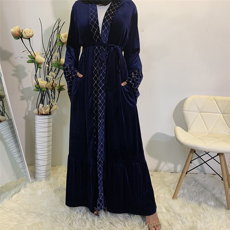 Ankomster gyllene sammet öppen front abaya kimono kvinnor muslimsk klänning blygsam slitage dubai kalkon ren abaya duster kofta