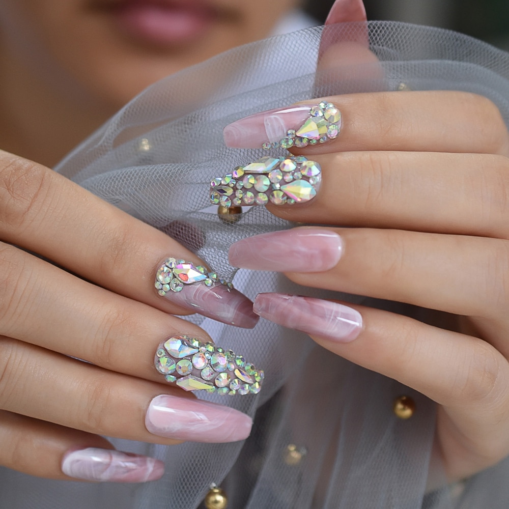 Faux Ongles en marbre, pré-conçus, pré-conçus, Ongles de luxe Extra longs en forme de cercueil, accessoires de décoration pour fêtes et mariage