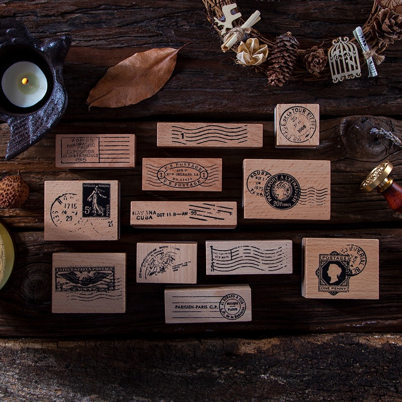 12 unids/lote sello antiguo serie matasellos DIY sellos de goma madera para scrapbooking papelería scrapbooking sello estándar
