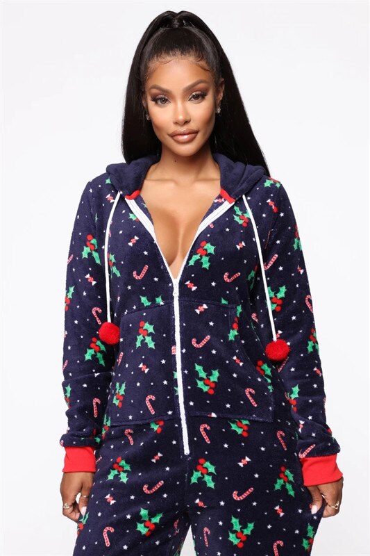 Family Matching Women Romper Christmas Pyjamas Xmas Nightwear Jumpsuits Long Sleeve Hooded Ladies Winter Warm Homewear: Navy Blue / S