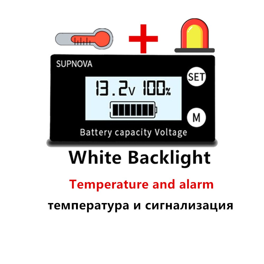 Battery Capacity Indicator DC 8V-100V Lead Acid Lithium LiFePO4 Car Motorcycle Voltmeter Voltage Gauge 12V 24V 48V 72V: T and ALM White