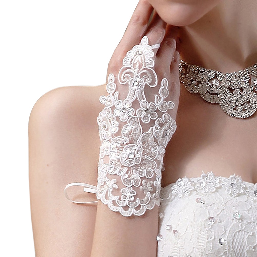 Paar Strass Satijn Versierd Vingerloze Bridal Lace Handschoenen Voor Wedding Party (Wit)