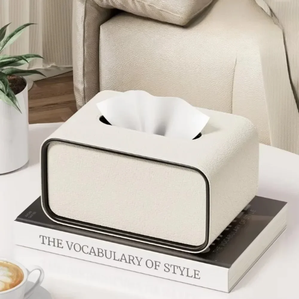 Leather Tissue Box Oval Leather Paper Organizer Light Luxury Simple Multifunctional Bedroom Cream Style Napkin Storage