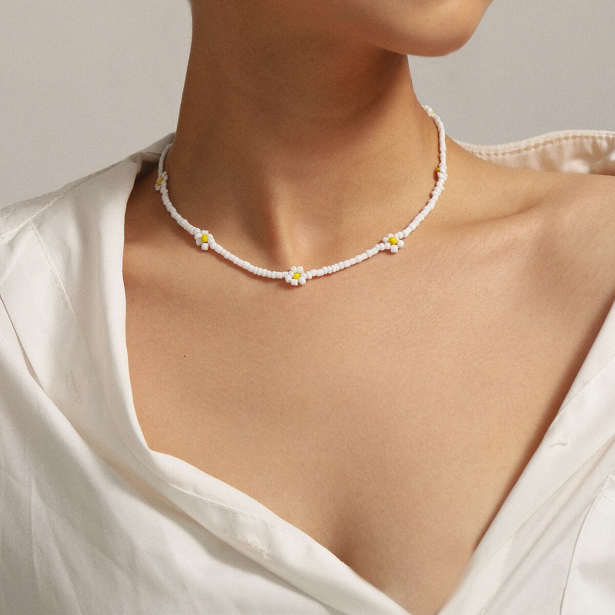 Bohemian Blauw Wit Zaad Bead Bloem Choker Ketting Statement Korte Kraag Sleutelbeen Keten Ketting Voor Vrouwen Sieraden