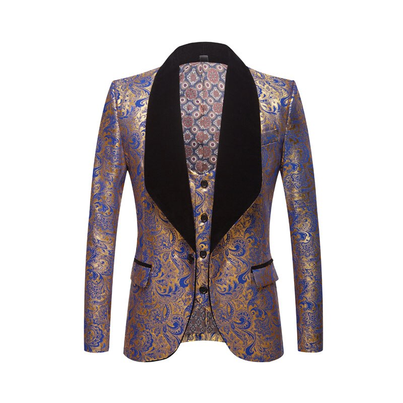 Pyjtrl jakke + vest herre todelt sæt guld blomstermønster print sjal revers slim fit bryllup gallakjole smoking kostume: Blå jakke vest / Os størrelse  s 38r