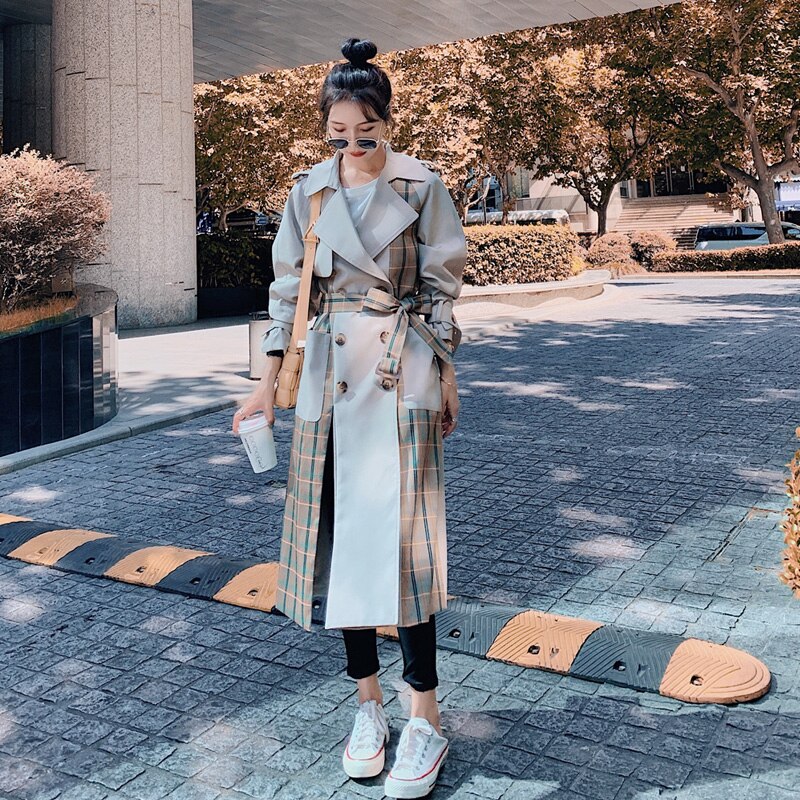 Women's Trench Coat Personality Patchwork Mosaic Lattice Windbreaker Female Autumn Trench Coats XL: M