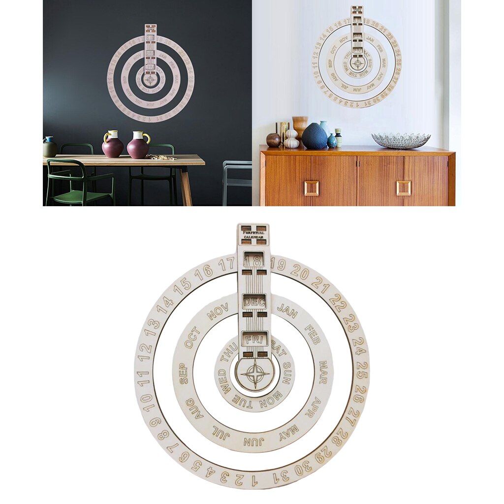 Round Wooden Adjustable Perpetual Wall Calendar Rotatable Circular DIY Calendar Retro Home Decoration