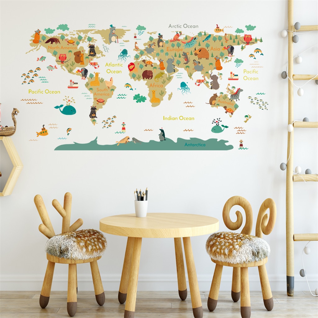 Cartoon animal world map Wall Sticker DIY Wallpaper Kids Room Home Decor Wall Decals Bedroom Decorative Nursery Poster