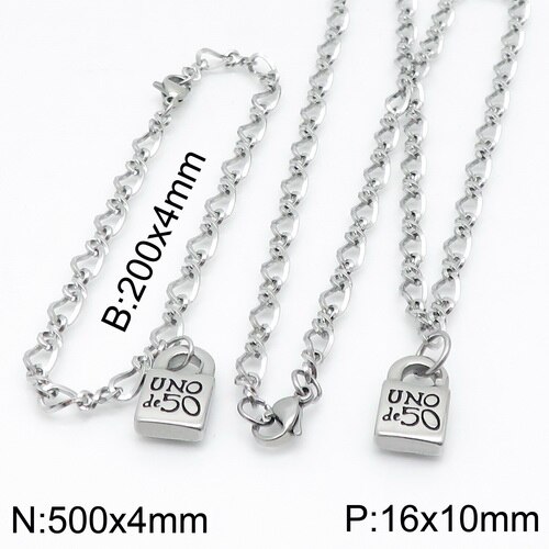 femmes hommes couleur argent or acier inoxydable serrure ronde clé Uno 50 boule perle Bracelet collier ensembles de bijoux: 16