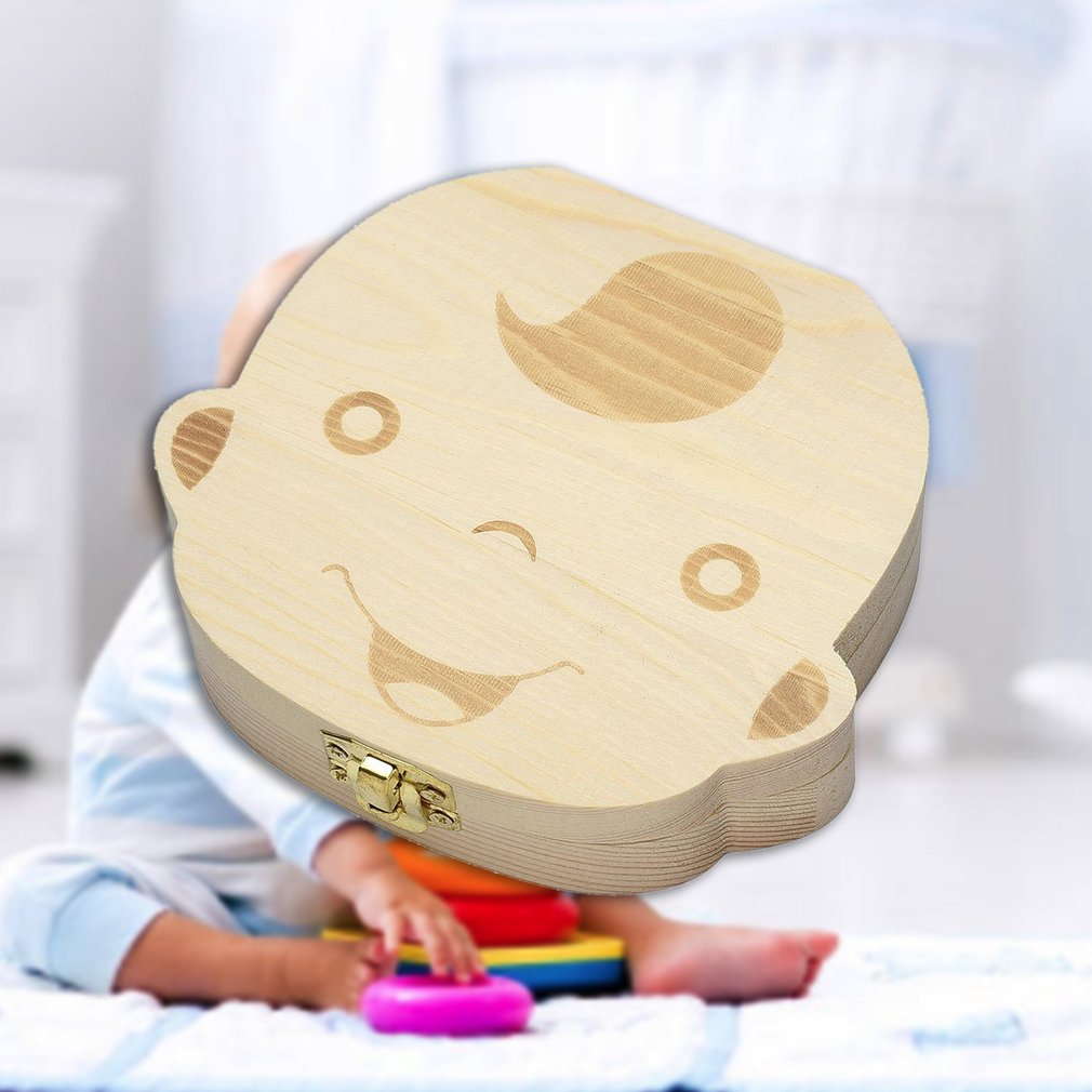 Wooden Baby Kids Tooth Storage Box English Teeth Umbilical Lanugo Organizer Keepsakes Save Baby Wood Tooth Box Storage