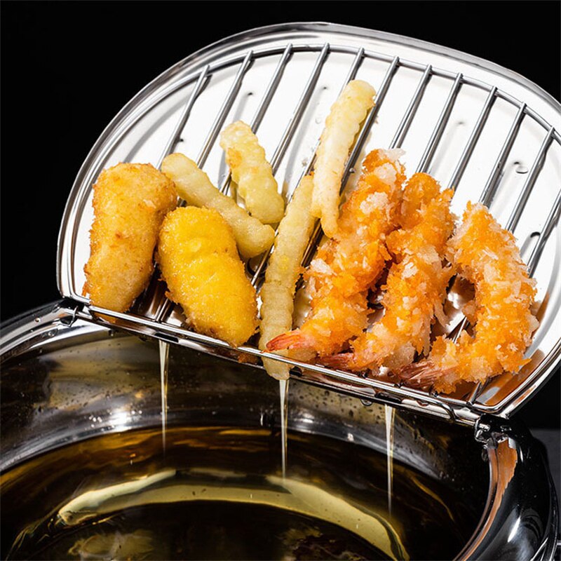 Tempura-Olla de acero inoxidable para freír, escurridor de aceite, termómetro, estilo japonés, 20/24cm