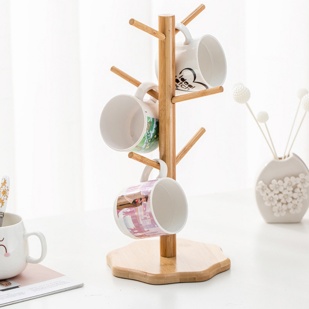 Support de tasse à café en bambou, support de tasse en bois d&#39;arbre, support de tasse à café, support de séchage avec 6 crochets, support de dessous de verre
