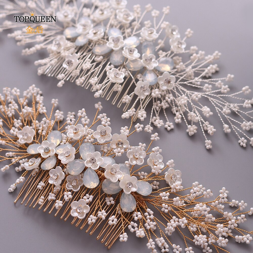 Topqueen  hp279 bloemen haarkam kralen haarkam bruiloft gouden zilveren haarkam juweel haarspeld bruids haarsieraden bruids tiara