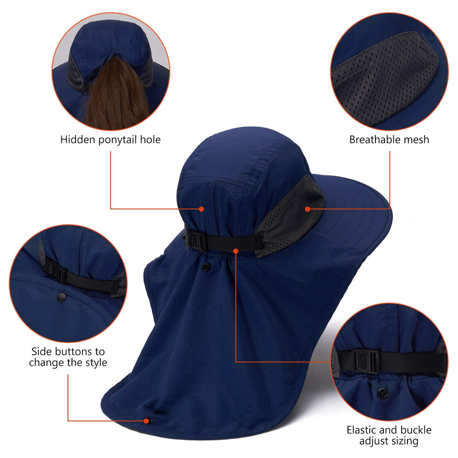 Bassdash UPF 50 + Unisex, sombrero de Sol de ala ancha resistente al agua con solapa de cuello grande, gorro de pesca con cola de caballo para hombres y mujeres