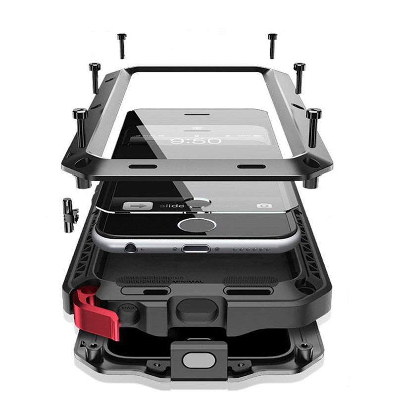 Lyxigt stötsäkert doom armor vattentätt metallfodral till iphone x xr xs max 8 7 6 6s plus 5 5s se 5c skal med skärm och glasfilm