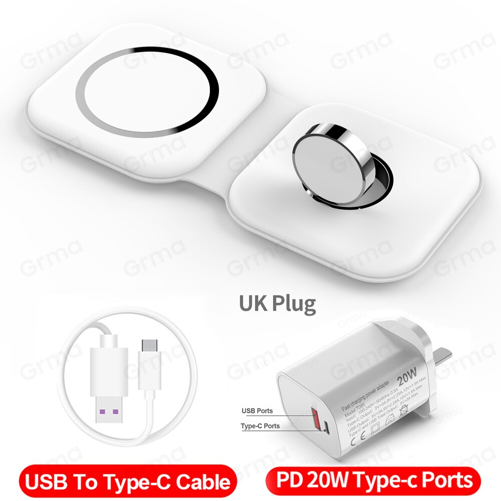 Caricabatterie Duo Wireless magnetico sicuro GRMA 2 in 1 Mag per iPhone 12 Pro Max mini 15W Qi caricabatterie rapido per Apple Watch iWatch AirPods: Black With EU Plug