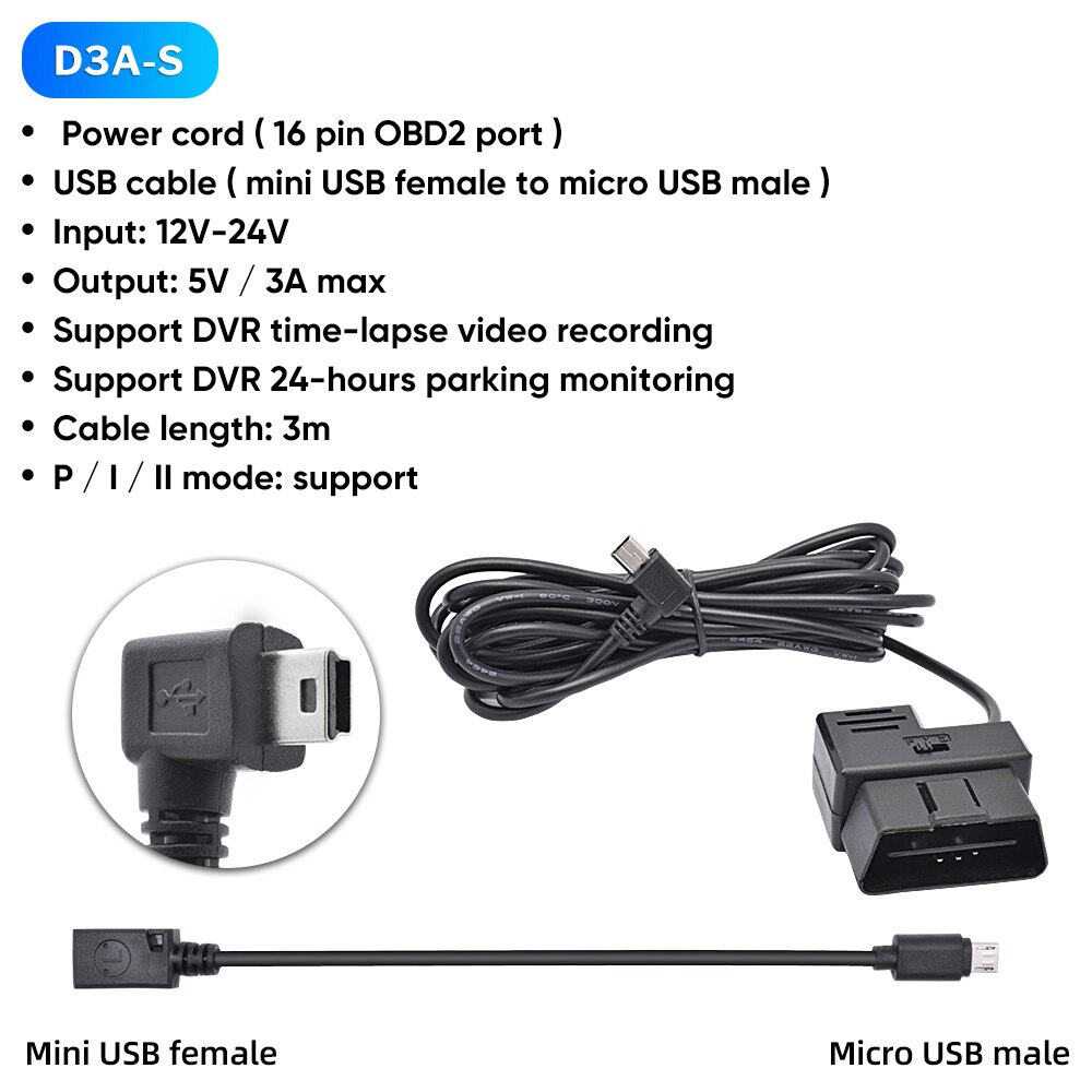 Deelife OBD2 Hardwire Kit for Car DVR Mirror Camera Dash Cam Parking Guard Cable 12V 24V to 5V Mini Micro USB Hard Wire: D3A-S