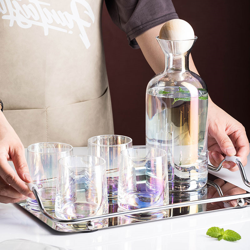 5 Stks/set Water Potten Glazen Karaf Set Houten Deksel Karaf Pitcher Wijn Whisky Bier Sap Set Drinkwater Waterkokers