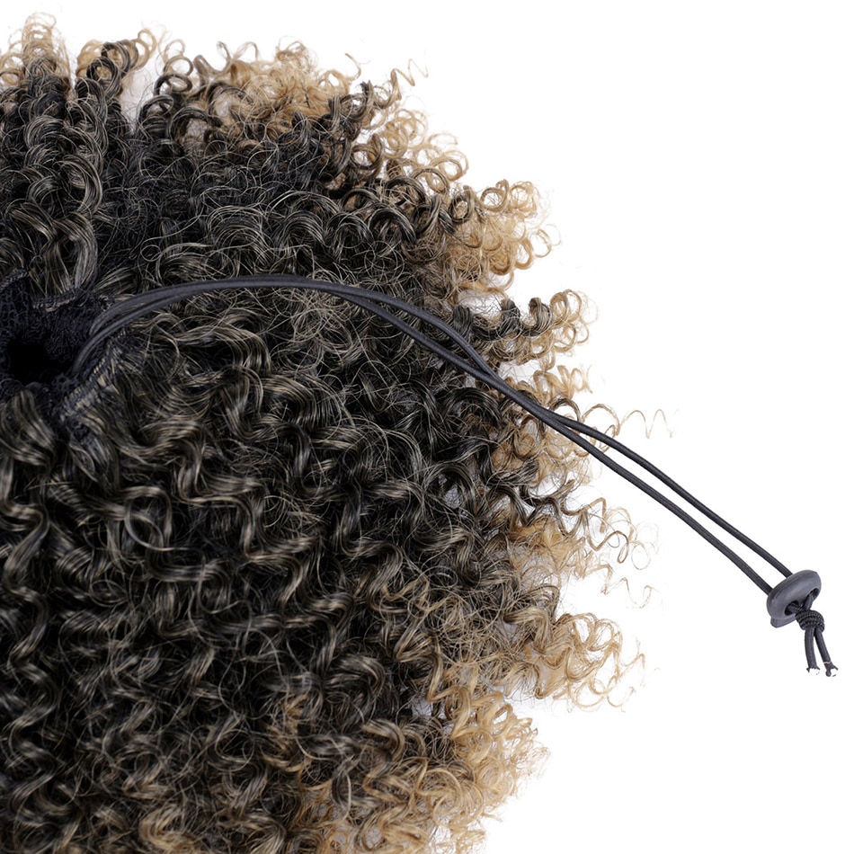 Synthetic Afro Puff Drawstring Bun Ponytail for Women Short Curly Chignon Hair Bun Extension Hairpiece with Two Clips 1B/27#