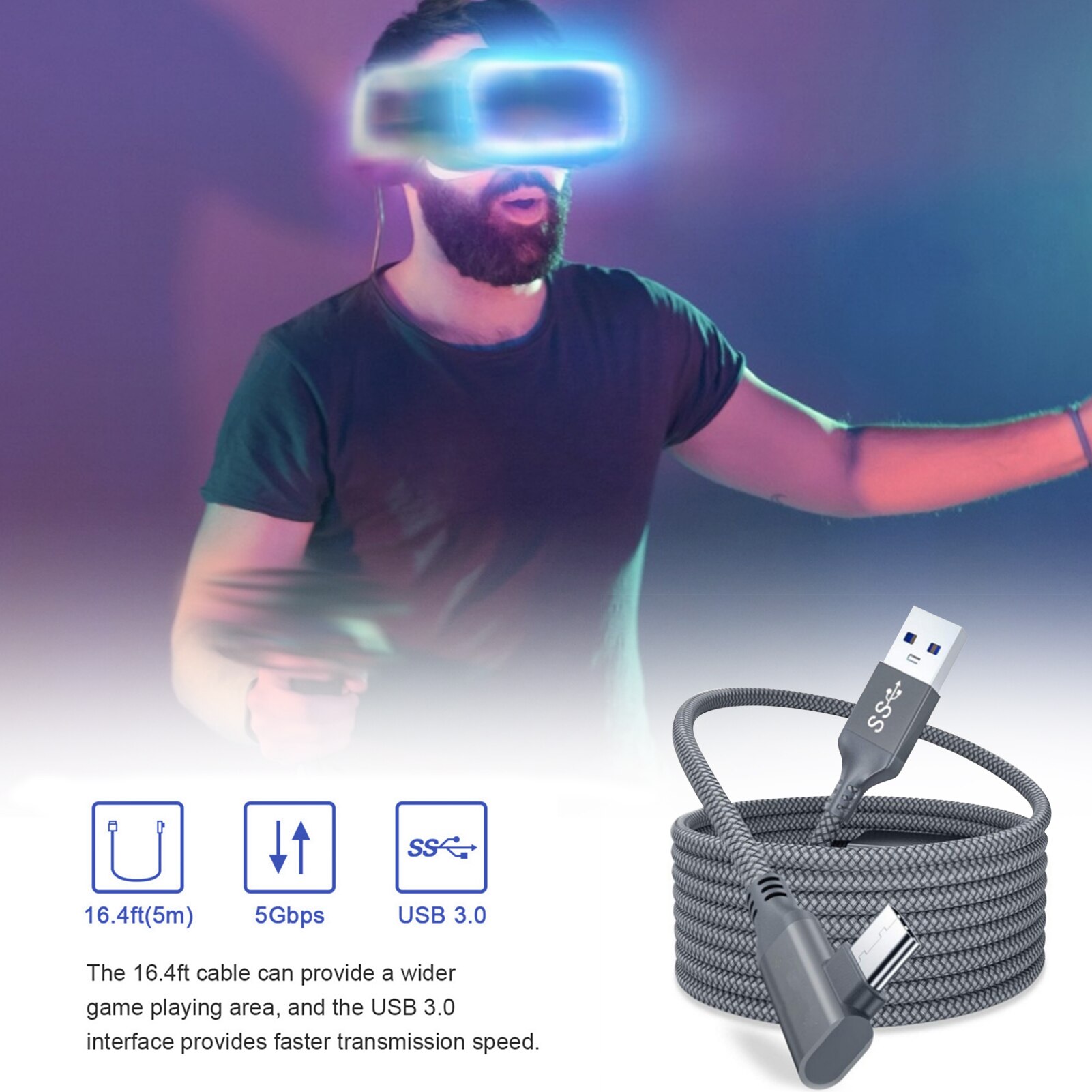 5M Data Line Oplaadkabel Voor Oculus Quest 2 Link Vr Headset Usb 3.0 Type C Data Transfer USB-A naar Type-C Kabel Vr Accessoires