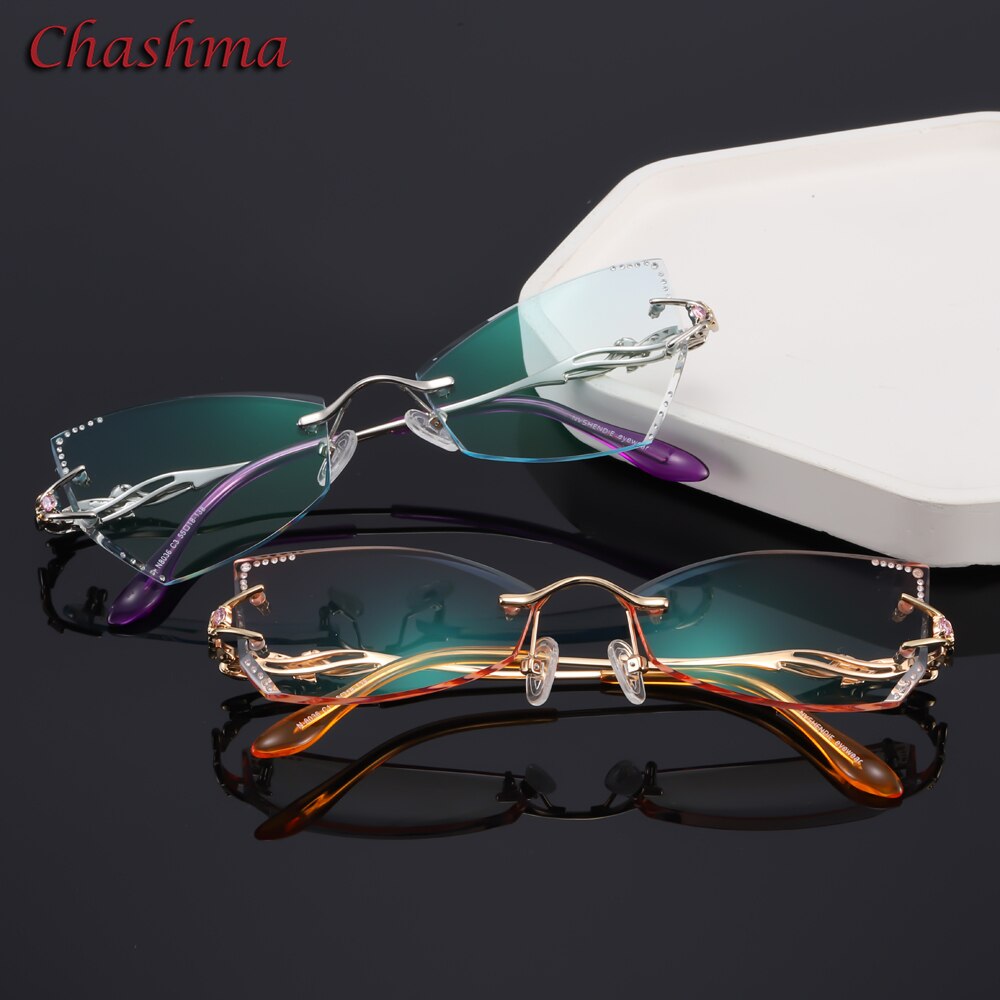 Chashma Brand Tint Lenses Sunglasses Titanium Eyewear Female Diamond Crystal Trimmed Glasses Frame Cat Eye Rimless Glasses Woman