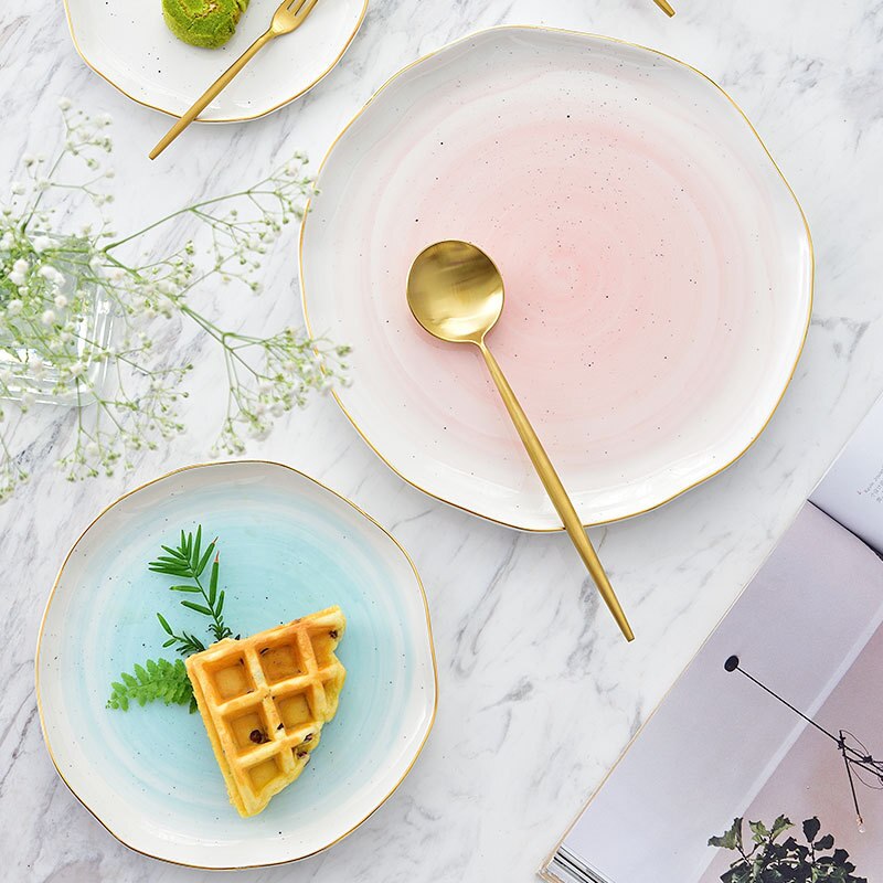 Marble Plates Ceramic Dinner Set Gold Inlay Porcelain Dessert Plate Steak Salad Snack Cake Plates Tableware Dinnerware Sets